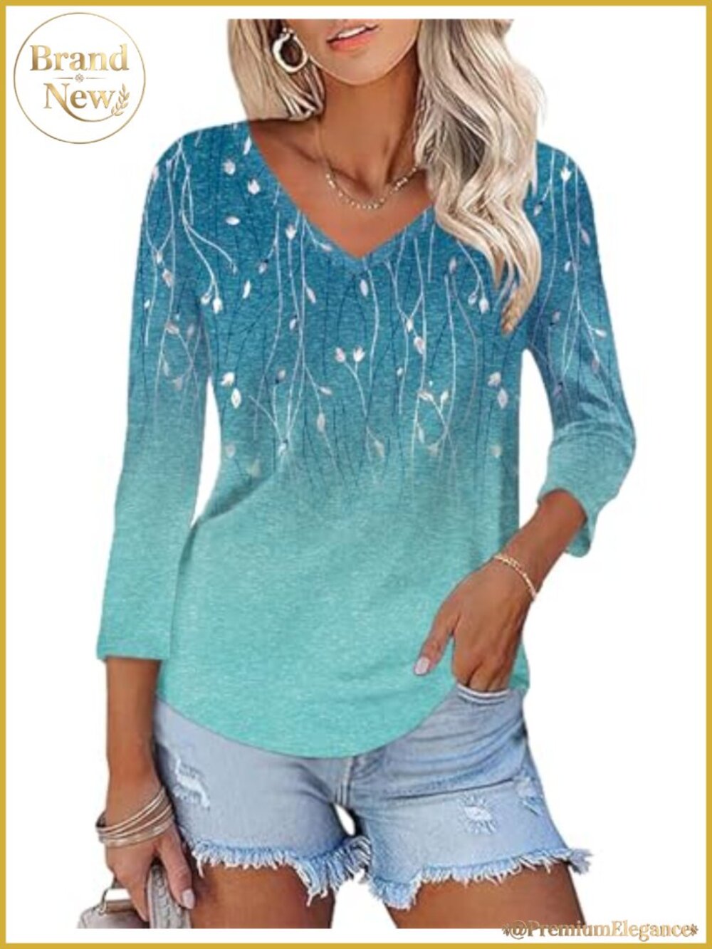 Women V Neck Tunic 3/4 Sleeve Soft Stretch Blouse Casual Basic Tee